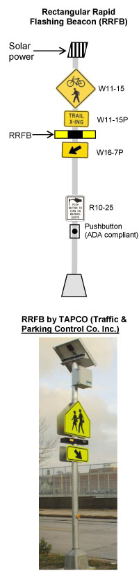 drawing and photo of solar-powered rectangular rapid flashing beacons (RRFB)